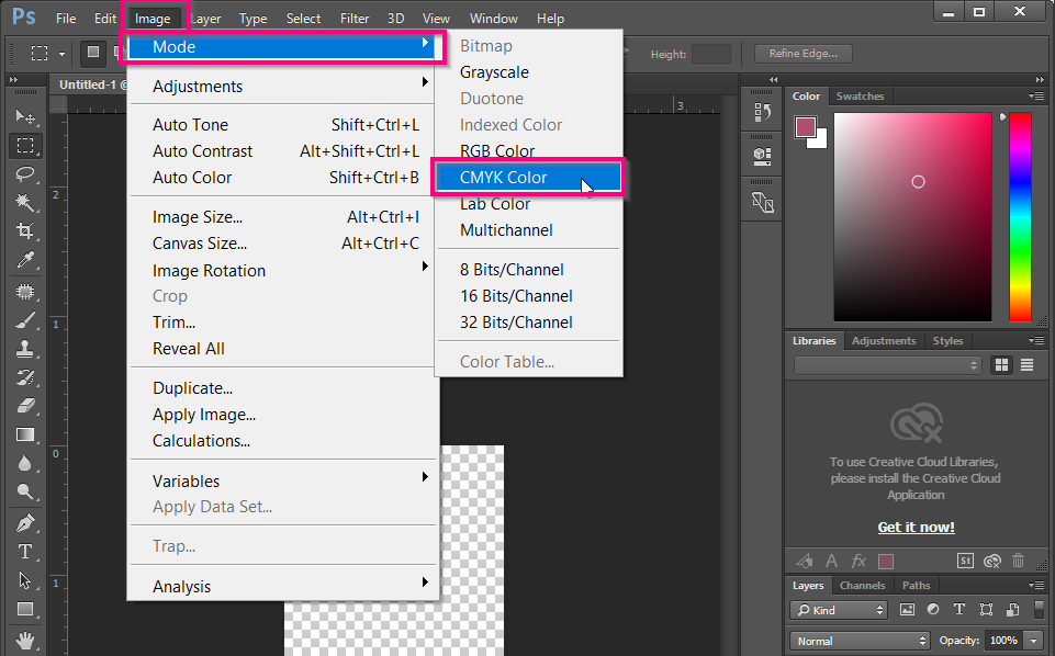 Changing the color mode of the file by going to Image, Mode, CMYK Color.