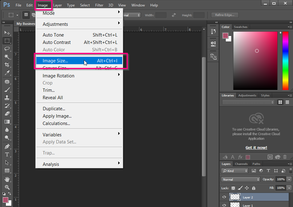 Verifying the resolution of your final artwork by going to image, then image size.