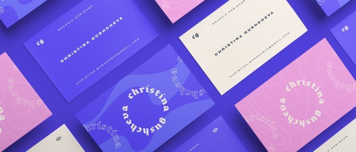 Bright, purple business card with Gothic typography